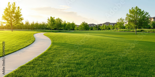 Fototapeta Naklejka Na Ścianę i Meble -  Empty Urban summer park near residential area neighborhood. Grass lawn, trees and walking or biking path