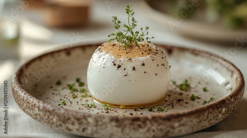 Soft boiled egg with herbs, spices on plate, breakfast setting. photo