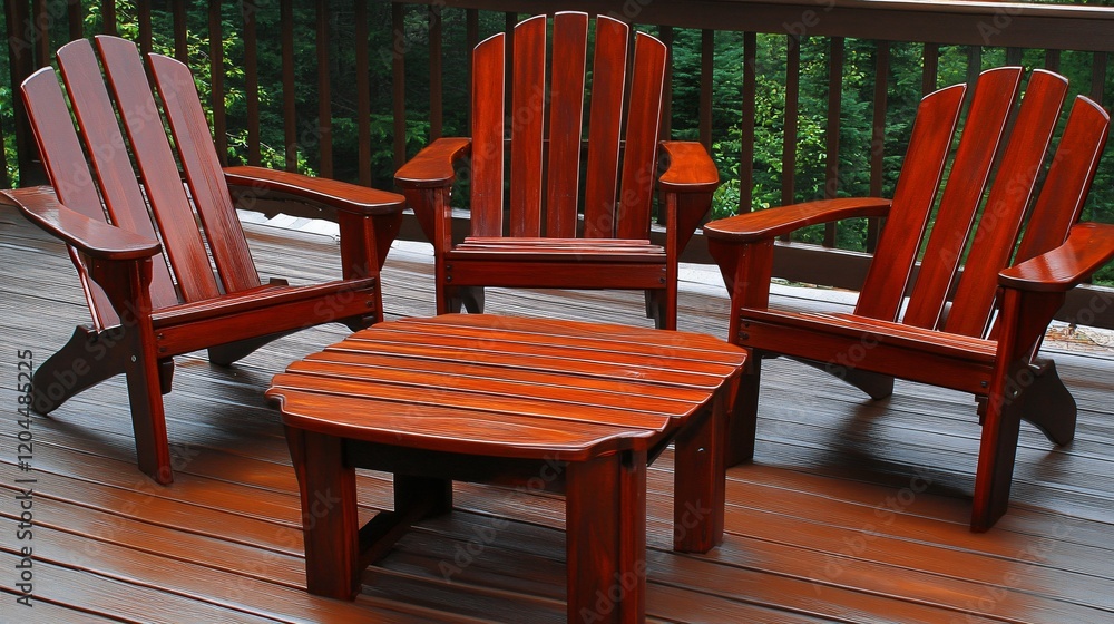 Obraz premium Three Red Wooden Adirondack Chairs with Table on Deck