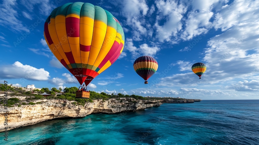 Stunning Hot Air Balloons Soaring Over Coastal Cliffs and Azure Waters: A Breathtaking Aerial View Stunning Hot Air Balloons Soaring Over Coastal Cliffs and Azure Waters: A Breathtaking Aerial View
