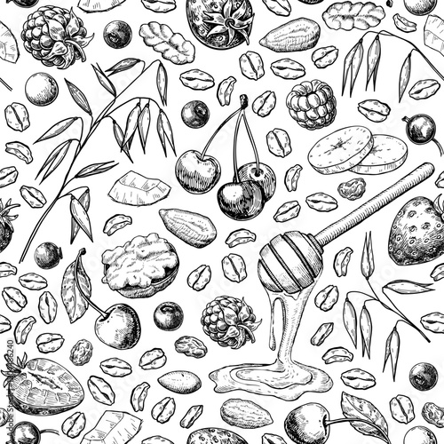 Granola, muesli or oatmeal food vector seamless pattern. Breakfast meal sketch background.