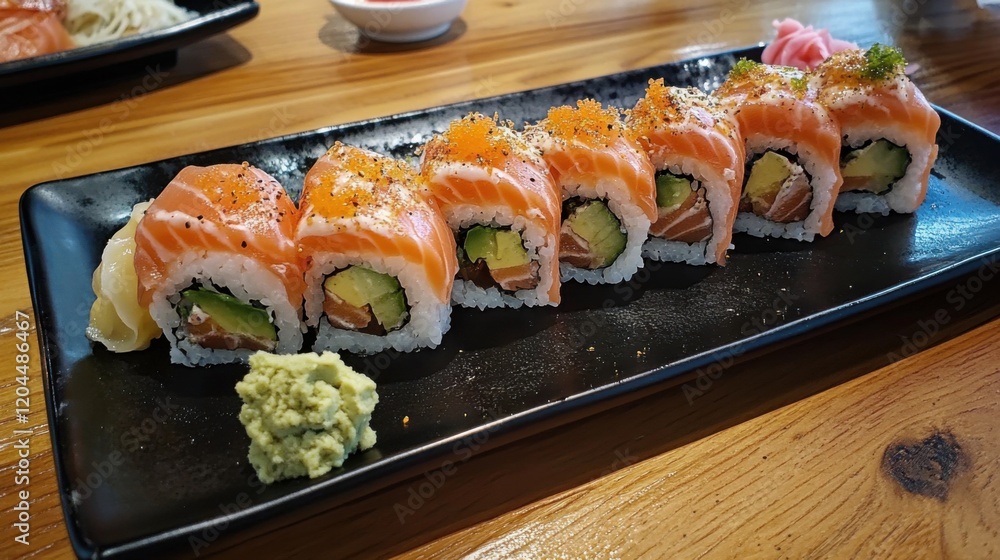 Elegant salmon sushi rolls on rustic wooden table Elegant salmon sushi rolls on rustic wooden table