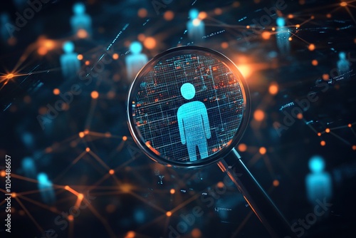 Conceptual image of a magnifying glass focusing on a standout human figure icon among others, symbolizing recruitment, HR selection, and job vacancy processes.