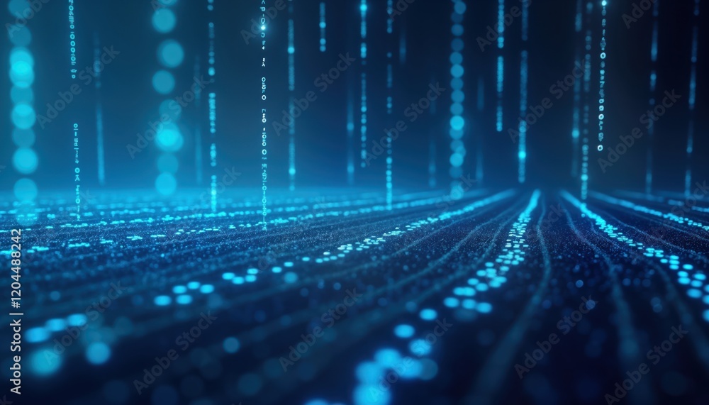 © miss irine - Abstract illustration futuristic binary data streaming. Digital code flows downwards. Blue glowing lines, dots create sense of depth. Dynamic pattern represents information flow in network. Modern