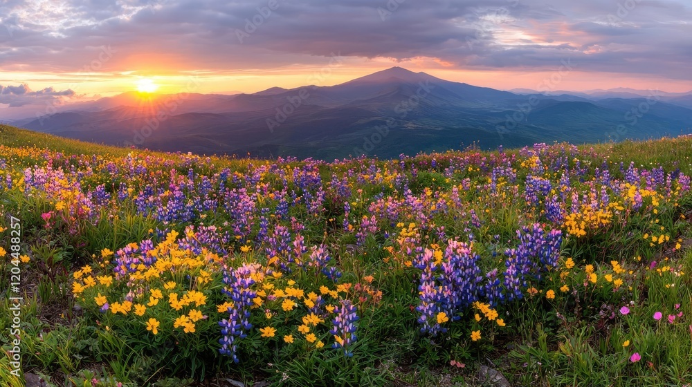 Obraz premium Vibrant purple lupines and yellow wildflowers bloom in an alpine meadow at sunset with mountains in the background.