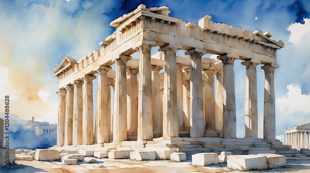 Obraz premium Ancient Greek temple ruins in watercolor style against a blue sky
