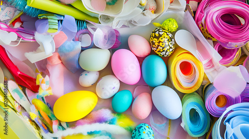 A vibrant collection of pastel and colorful Easter eggs surrounded by crafting materials