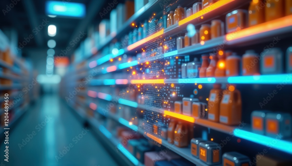 Futuristic grocery store with shelves displaying products. Advanced tech integration evident. Digital interface shows product info. Neon blue, orange lighting. Generative AI powers tech. Modern store Futuristic grocery store with shelves displaying products. Advanced tech integration evident. Digital interface shows product info. Neon blue, orange lighting. Generative AI powers tech. Modern store