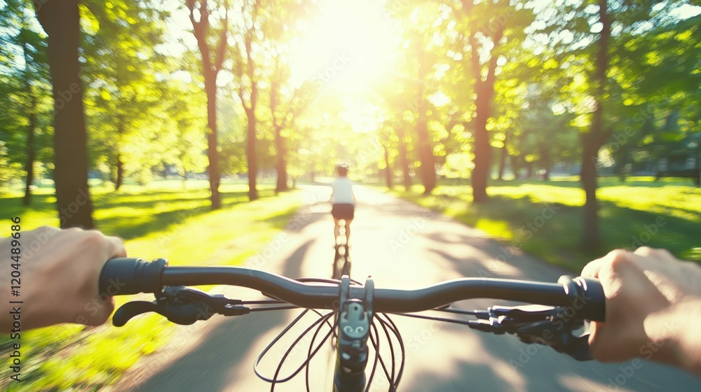A close up of a father hand holding a bike handlebar, with a blurred child pedaling and a sunny park in the background A close up of a father hand holding a bike handlebar, with a blurred child pedaling and a sunny park in the background