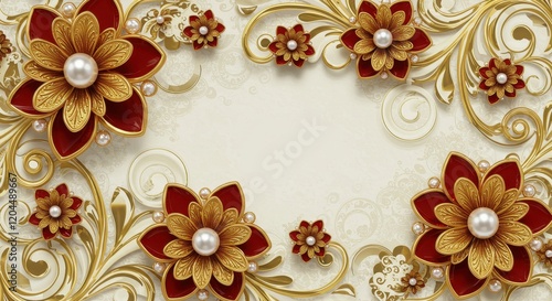 An opulent 3D illustration of floral artwork with rich gold and red tones, featuring large, detailed blossoms surrounded by pearls