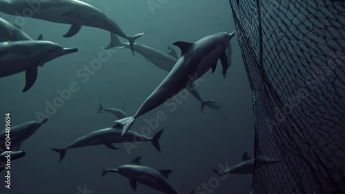 Dolphins swimming near an illegal fishing net, illustrating the dangers of poaching and its impact on marine life and ecosystems.