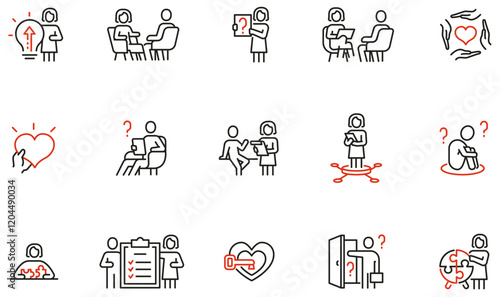 Vector Set of Linear Icons Related to Psychological Help, Counseling, Emotional Support, Therapy Session. Mono line pictograms and infographics design elements