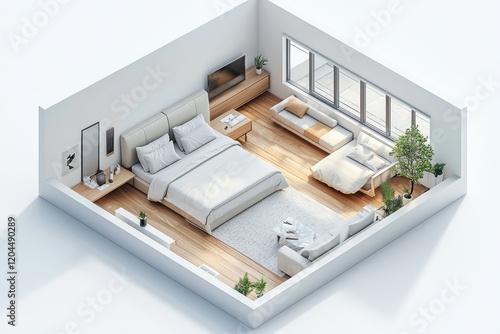 An isometric 3D render of a white-furnished bedroom, with attention to design details such as modern furniture and floor plan layout