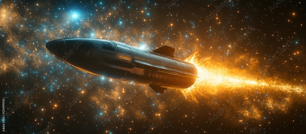 Obraz premium Spaceship launching through vibrant nebula.