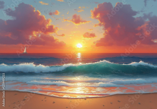 Beautiful seascape with turquoise water and a golden sunset on the beach. The sun is setting over the ocean, creating long waves that gently lap against the shore. photo