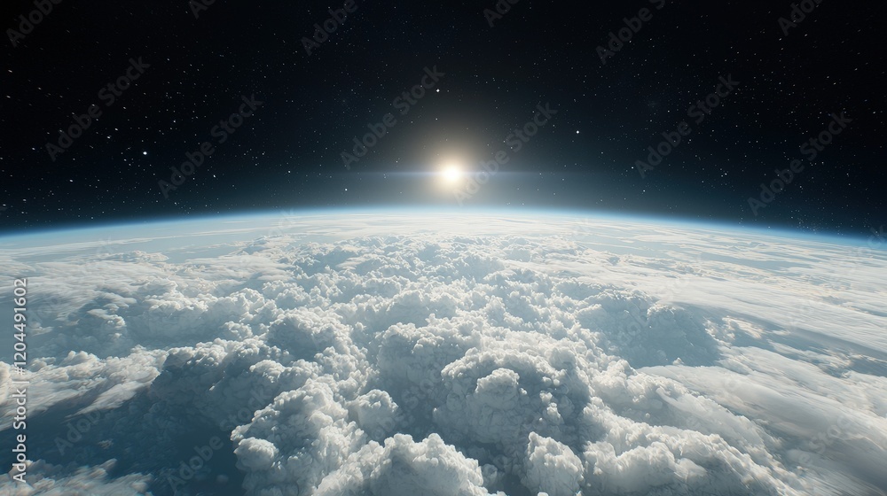 Sunrise over Earth's atmosphere, showing a vast expanse of clouds and the sun rising above the horizon. Sunrise over Earth's atmosphere, showing a vast expanse of clouds and the sun rising above the horizon.