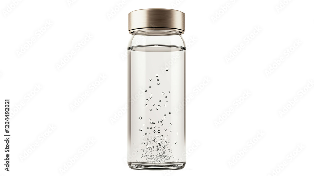 Modern, transparent water bottle with a sleek metallic cap and subtle condensation droplets Modern, transparent water bottle with a sleek metallic cap and subtle condensation droplets