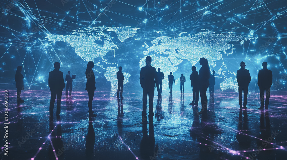 Obraz premium abstract professional business team people innovation connection of line from nail node to node on map background , networking concept