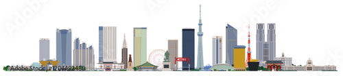 東京のシンボリックなスポットをランダムに配置したパノラマイラスト