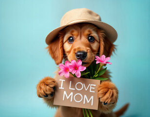 Adorable puppy wearing summer hat holds card saying I love Mom. Cute brown puppy holding flowers, sign. Indoor studio photo. Perfect for Mother Day greeting cards family occasions. Happy puppy shows
