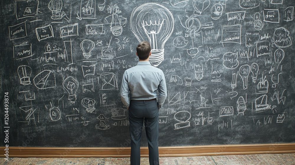 A businessman stands in front of a chalkboard covered in drawings
A businessman stands in front of a chalkboard covered in drawings