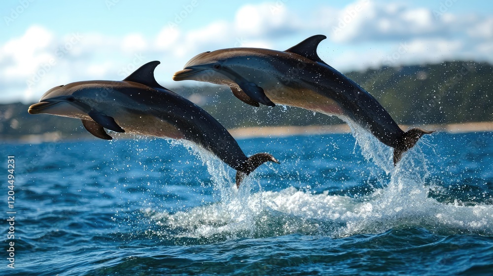 Fototapeta premium Dolphins leaping, ocean, coastal background, wildlife photography, nature