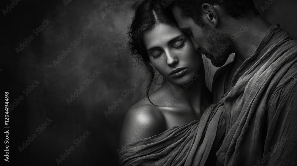 Romantic couple in black and white with soft light and emotional expressions, a young man leaning gently toward a woman with closed eyes, wrapped in textured fabric against a moody backdrop Romantic couple in black and white with soft light and emotional expressions, a young man leaning gently toward a woman with closed eyes, wrapped in textured fabric against a moody backdrop