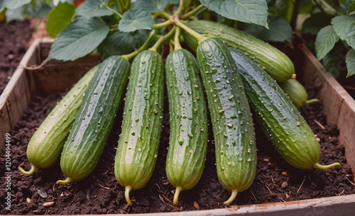 Bunch of cucumbers are sitting in a wooden box. The cucumbers are green and have a bumpy texture photo