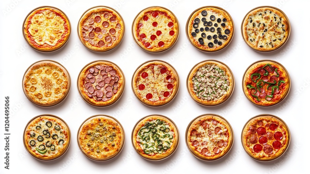 Assortment of pizza boxes with delicious pizzas inside, shown from a top-down perspective on a white background Assortment of pizza boxes with delicious pizzas inside, shown from a top-down perspective on a white background