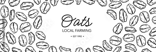 Oat flakes vector frame. Oatmeal grain seed sketch. Breakfast meal template. Cereal food 