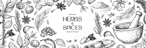 Herbs and spice label template. Vector drawing with mortar and pestle. Engraved style flavor and condiments