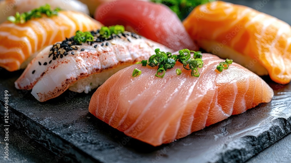 Assorted sushi nigiri on slate plate, close-up. Food photography for restaurant menu Assorted sushi nigiri on slate plate, close-up. Food photography for restaurant menu