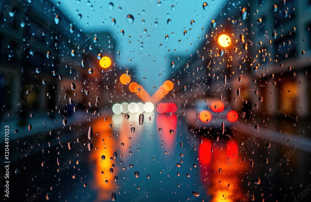 Rainy night scene viewed through wet window. Street lights glow through raindrops. City landscape visible in background. Urban scene at night. Wetness, dark atmosphere. Water droplets on transparent Rainy night scene viewed through wet window. Street lights glow through raindrops. City landscape visible in background. Urban scene at night. Wetness, dark atmosphere. Water droplets on transparent
