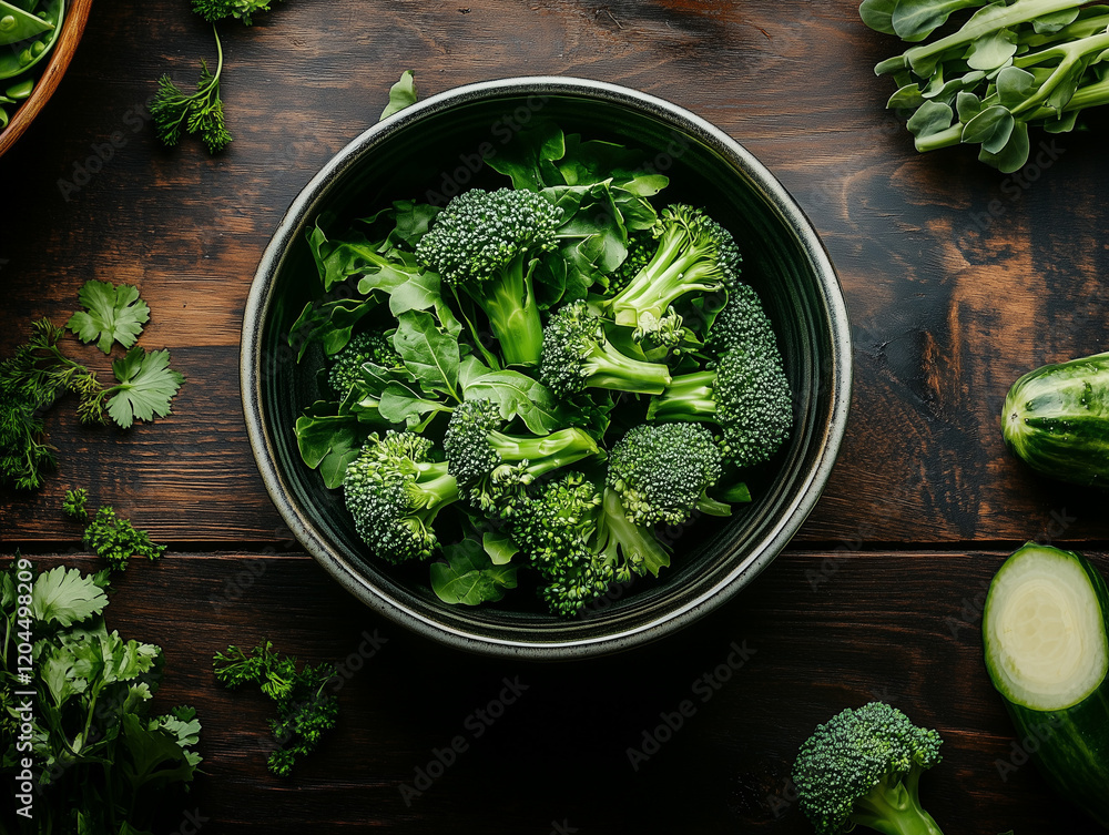 Bowl of steamed broccoli surrounded by green vegetables on a dark wooden table Bowl of steamed broccoli surrounded by green vegetables on a dark wooden table