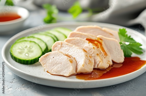 hainanese boiled chicken with cucumber on white dish in restaurant photo