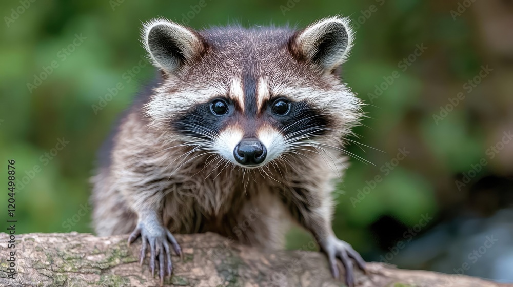 Curious raccoon on log, green forest background, wildlife portrait, nature imagery Curious raccoon on log, green forest background, wildlife portrait, nature imagery