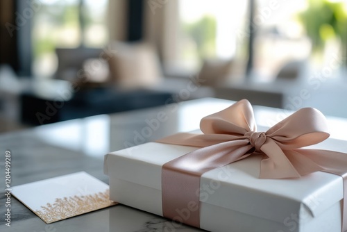 A chic white gift box with a delicate ribbon and bow, perfect for any occasion, symbolizing elegance, celebration, and the essence of thoughtful gifting. photo