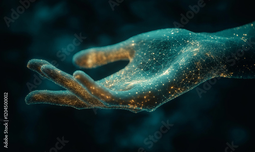 Artificial intelligence and human hand touching each other with digital connections on a blue background, a technology concept for business and the internet of things. photo