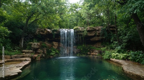 Serene Waterfall Pool in Lush Forest; Nature Escape