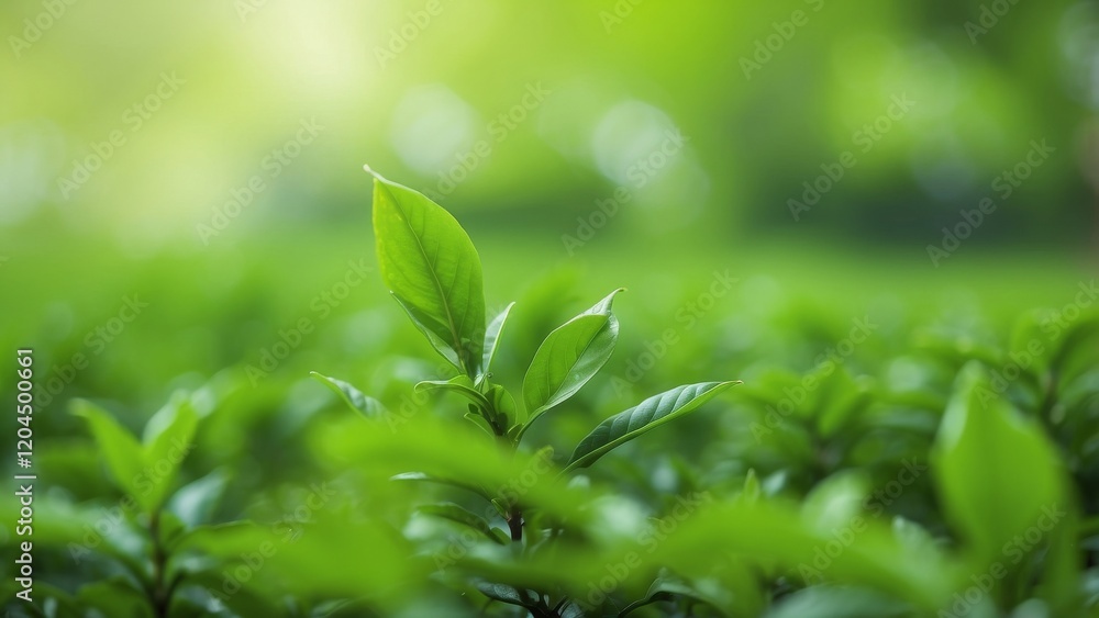 Bright green tea leaf, blurred plantation background Bright green tea leaf, blurred plantation background