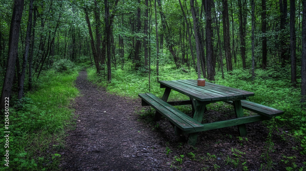 Serene Forest Trail Picnic Table Scene Serene Forest Trail Picnic Table Scene