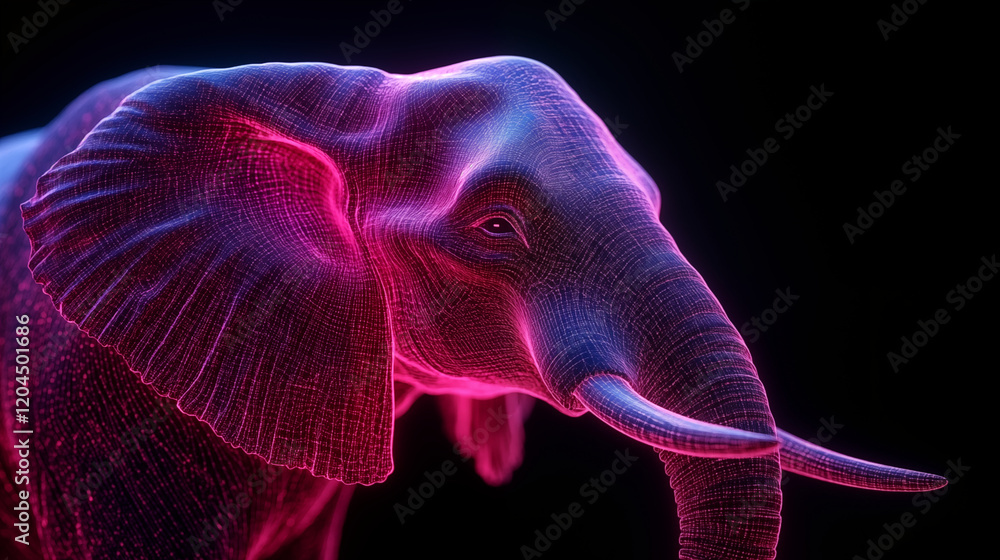 Digital elephant head glowing with neon wireframe pattern against dark background, showcasing modern artistic visualization of wildlife Digital elephant head glowing with neon wireframe pattern against dark background, showcasing modern artistic visualization of wildlife