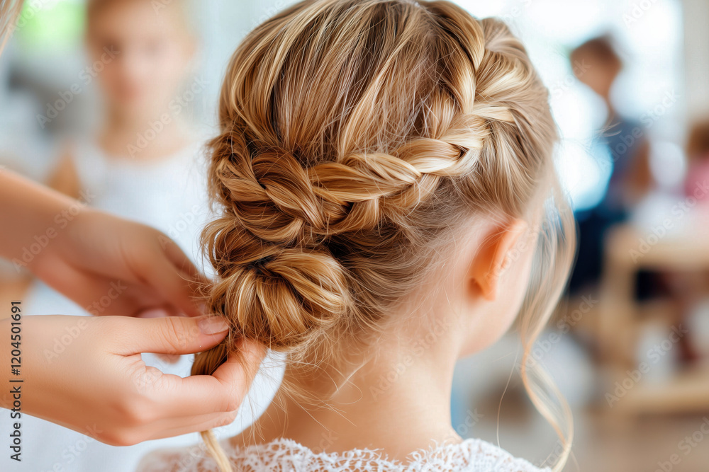Fototapeta premium Elegant Braided Hairstyle: Blonde Girl Getting Ready for Wedding. Stunning Bridal Hairdo with Intricate Braid and Bun, Perfect for Bridesmaids or Special Occasions. Professional Hair Styling, Beauty, 