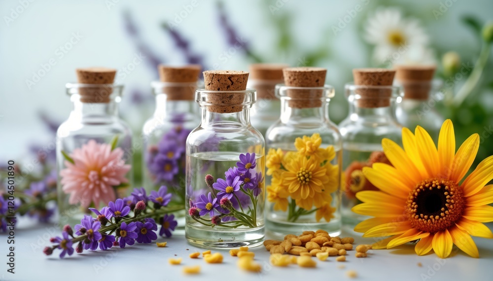 Small glass bottles filled with essential oils, flowers. Fresh flowers, herbs placed in clear glass bottles. Natural beauty products aromatherapy items. Closeup view. Wooden table background. Small glass bottles filled with essential oils, flowers. Fresh flowers, herbs placed in clear glass bottles. Natural beauty products aromatherapy items. Closeup view. Wooden table background.