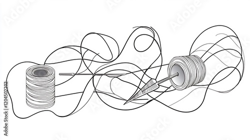 Abstract Illustration of Thread Needle and Spools Intricately Entwined  Creating a Visually Engaging Design