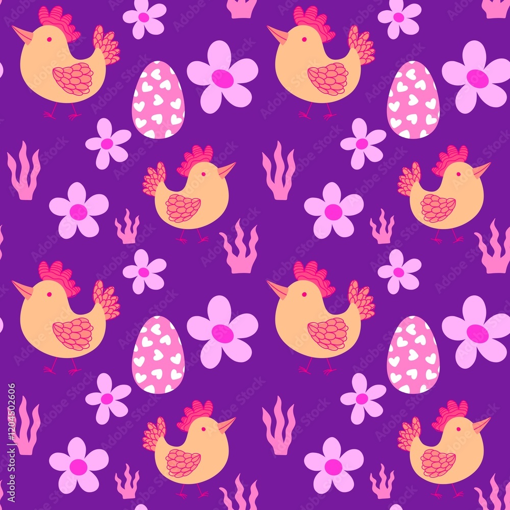 Fototapeta premium Easter chicken seamless birds pattern for wrapping paper and fabrics