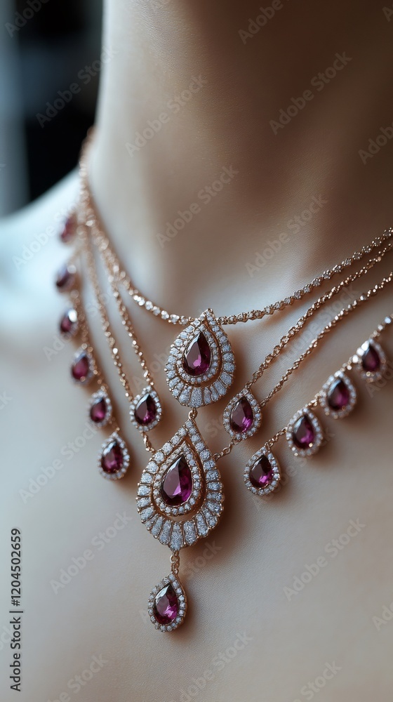 Luxury necklace with sparkling diamonds and precious red gemstones adorning a mannequin Luxury necklace with sparkling diamonds and precious red gemstones adorning a mannequin