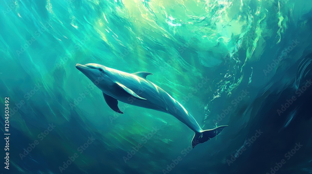 Fototapeta premium Solitary dolphin swimming in turquoise sea