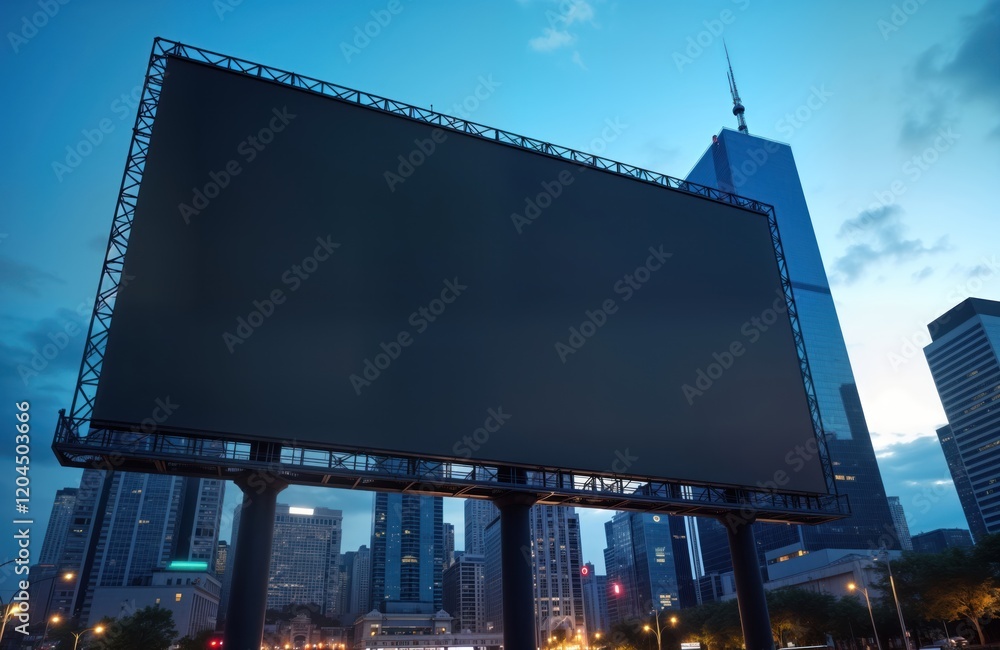 Large LED screen billboard in city. Modern outdoor advertising display in urban setting. Empty screen for commercial message. Skyscrapers background. Evening twilight cityscape. Ideal for advertising Large LED screen billboard in city. Modern outdoor advertising display in urban setting. Empty screen for commercial message. Skyscrapers background. Evening twilight cityscape. Ideal for advertising