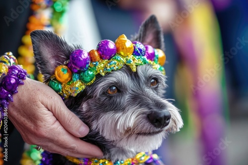 A small dog wearing a colorful Mardi Gras crown, ideal for party or celebration themes photo